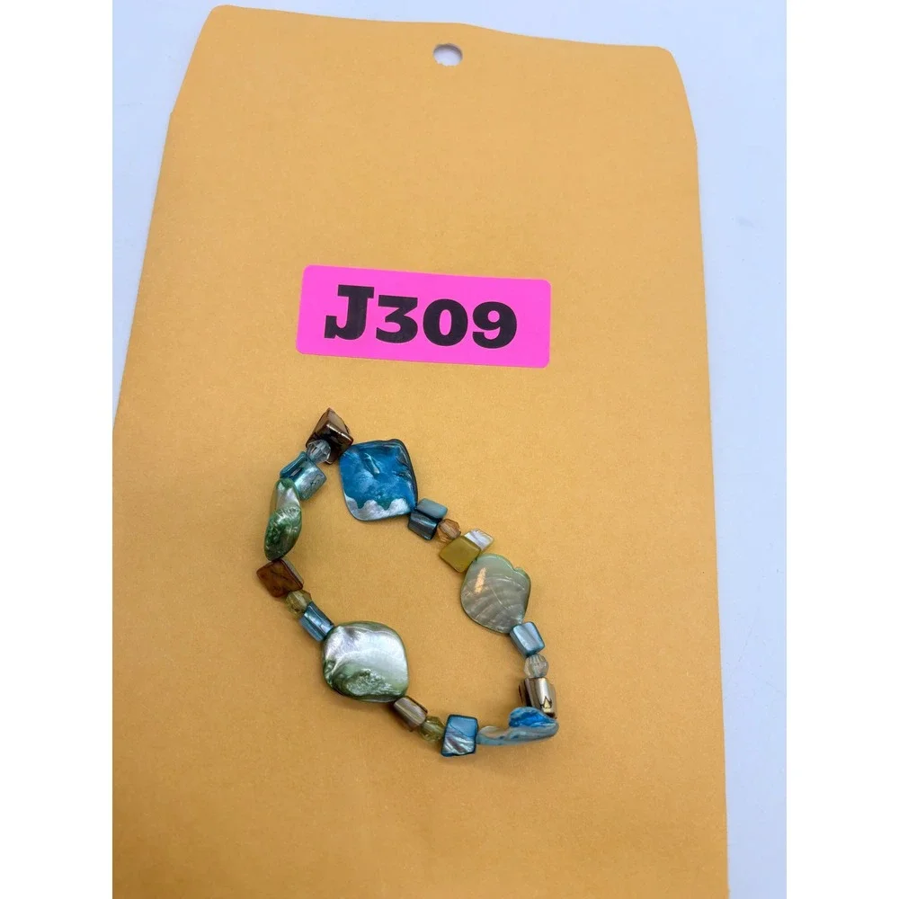 Blue Green Iridescent Shell Bead Stretch Bracelet Coastal‎ Boho